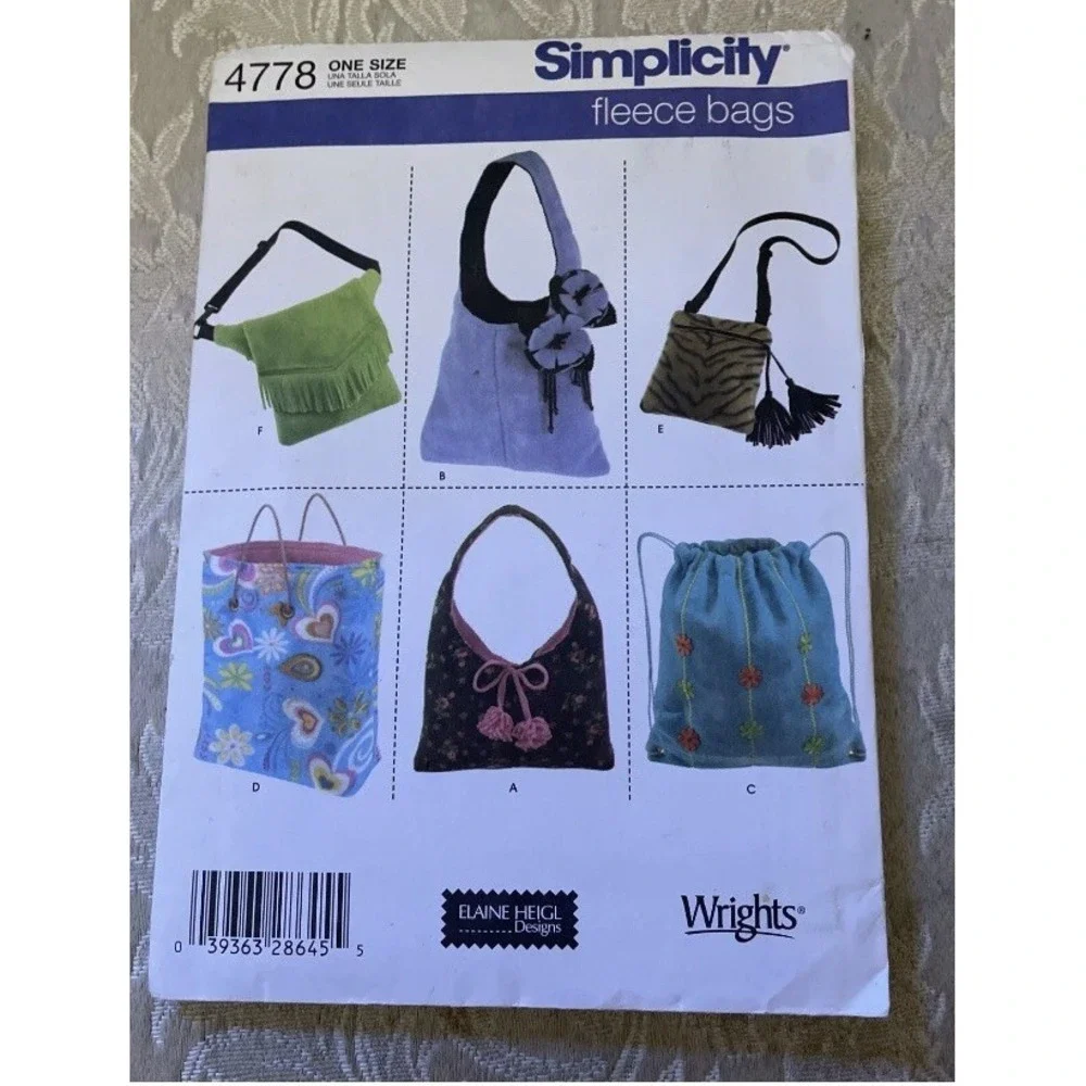 Simplicity 4778 Fleece Bag Sewing Pattern Elaine Heigl Designs 6 Styles Cut